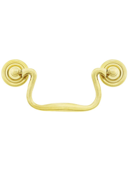 Swan-Neck Brass Bail Pull with Ringed Round Rosettes ‚Äì 4‚Äù Center-to-Center in Unlacquered Brass.